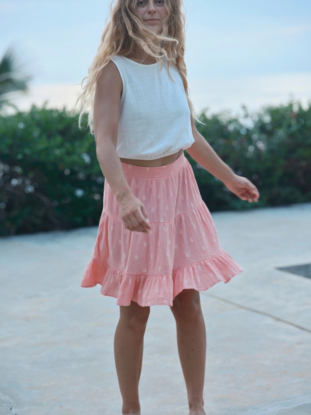 Mollusk Pink Dot Polly Tiered Ruffle Skirt size large NWT unlined back elastic